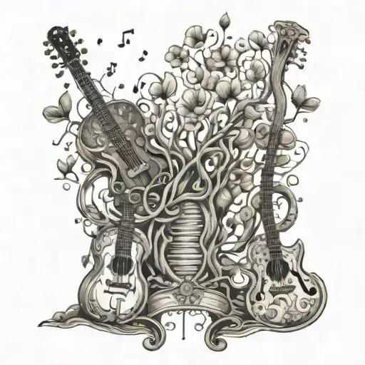 An Abstract Representation Of A Family Tree Intertwined With Musical Instruments And Lyrics