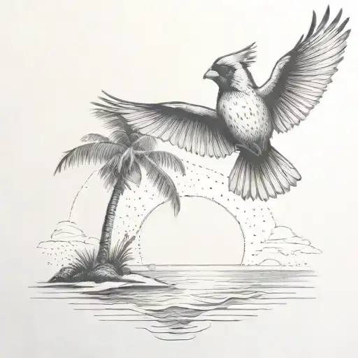 Flying Cardinal To The Ocean And Palm Tree