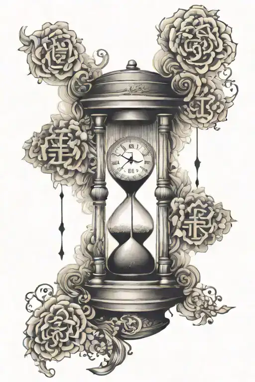 An Elegant Hourglass With Chinese Symbols Representing Family And Time Flowing Through It