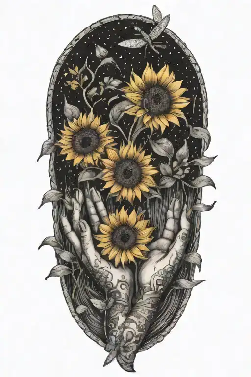 Praying Hands Holding A Bouquet Of Sunflowers And Dragonflies At A Peaceful Lake