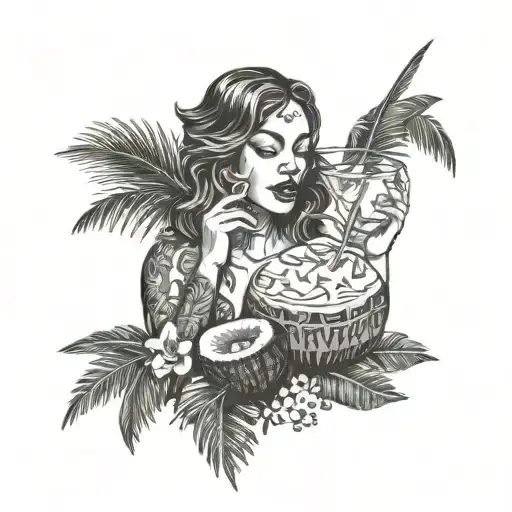 Eve Drinking Coconut Cocktail With Palm Leaves