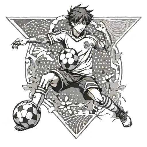 A Tattoo Design Combining Elements Of Anime And Football In A Dotwork Style