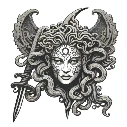 A Combination Of A Medusa Head And A Sword Intertwined In A Unique Design