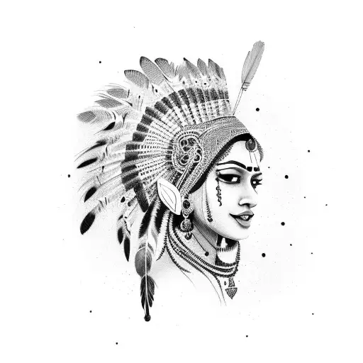 Indian Woman With Feathers Looking To The Right