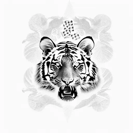 Realistic Tiger With Palm Trees And Playing Cards