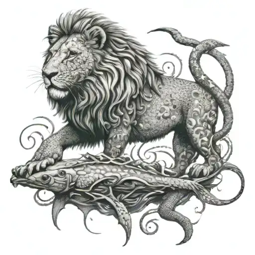 A Lion Fishing In A Stream Surrounded By Lizards