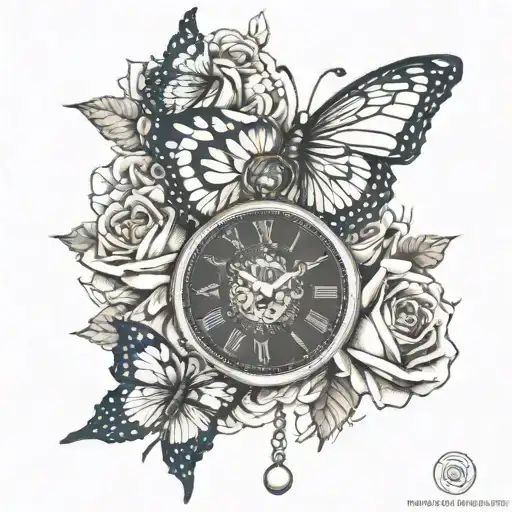 Butterfly And Rose Pocket Watch Tattoo In A Dotwork Style