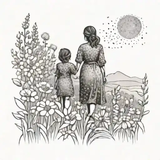 A Mother And Child Walking Through A Field Of Flowers In A Dotwork Style
