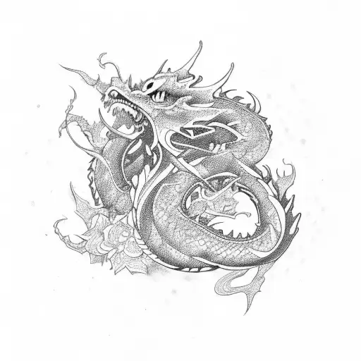 Spiritual Design With Flowers And Dragon