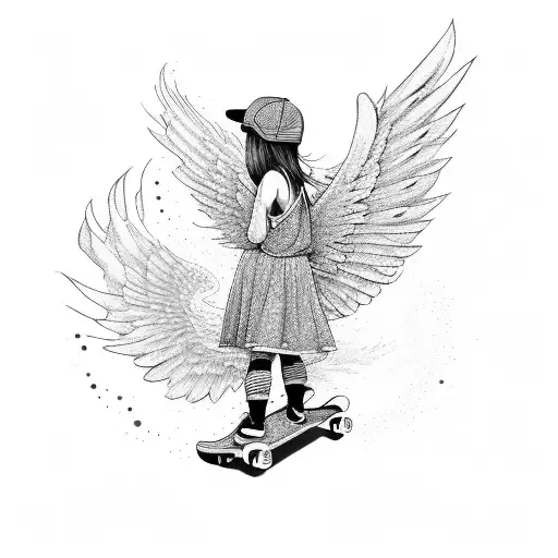 Little Girl On A Skateboard With Wings And Cap Turned Back On Her Hed