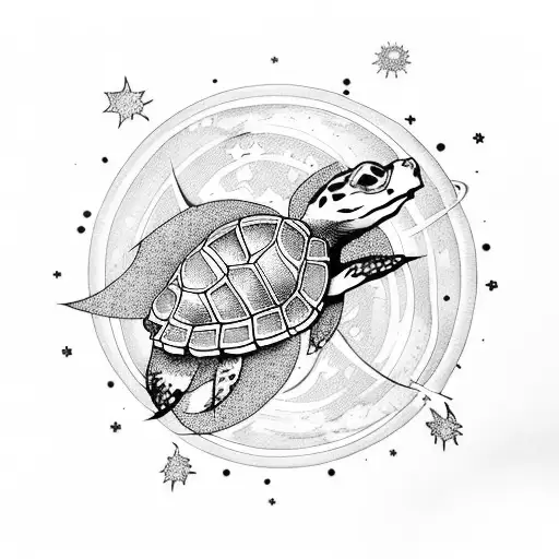 Animated Turtle In Space With Planets And Stars In The Tattoo Style American Traditional