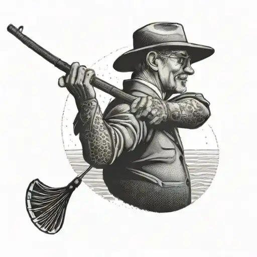 A Dotwork Tattoo Of A Financial Advisor Holding A Fishing Rod On A Beach Background