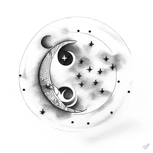 Quarter Moon In Front With Pisces Constellation Behind