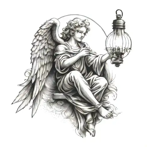 A Tattoo Of A Guardian Angel Holding A Lightbulb Symbolizing Enlightenment