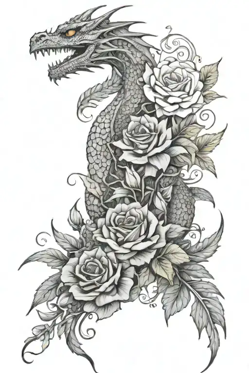 Dragon With Rose Morning Glory And Aster Flowers