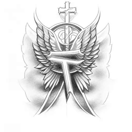 Christian Cross With Shadow And Angel Wings And Design Underneath
