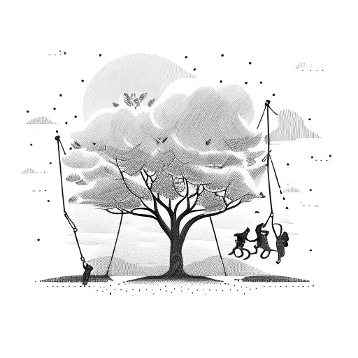 Tree With Swinging Kid Pushed By Father And A Bystander Mother Accompanied By 3 Dogs