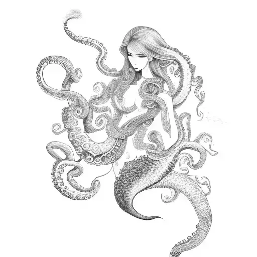 Mermaid With An Octopus And A Jellyfish In Her Arms