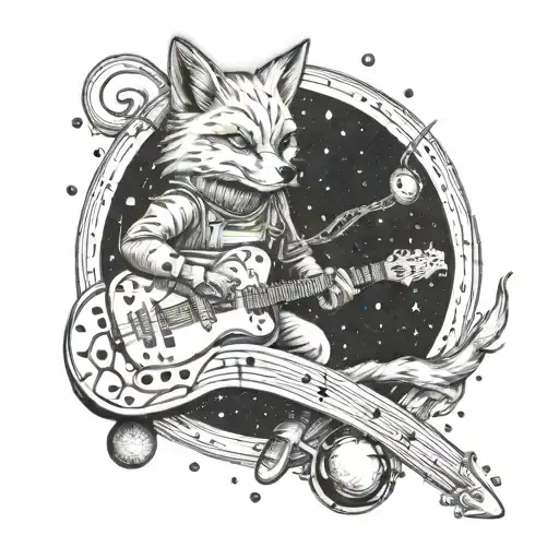 A Cosmic Fox Playing A Guitar In Outer Space Near Saturn