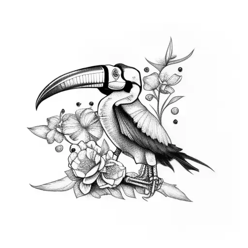 Skeleton Toucan With Flowers Coming Out Of Its Open Belly