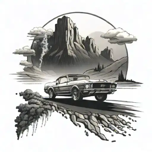 Create A Tattoo Design Featuring A Classic Ford Mustang Driving Through A Scenic American Landscape