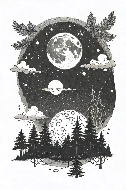 A Moon In The Night Sky With A Fir Forest