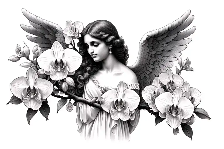 A Branch Of Orchids Surrounding A Fememnino Angel