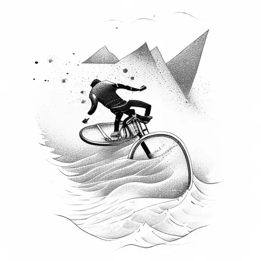 A Mountain Biker Jumping Over Ocean Waves With A Guitar Strapped To Their Back