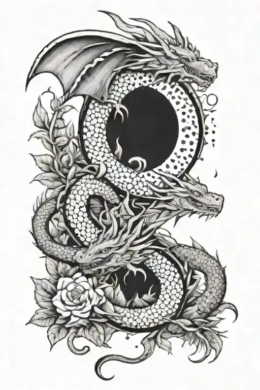 Dragons And Nature Inspired Tattoo Design Featuring