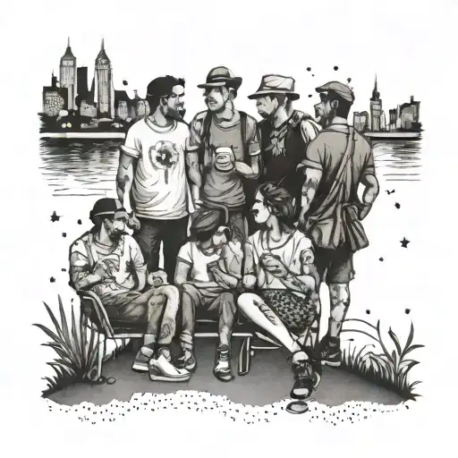 An Intricate Tattoo Featuring A Group Of Friends Enjoying A Night Out At Your Favorite Place