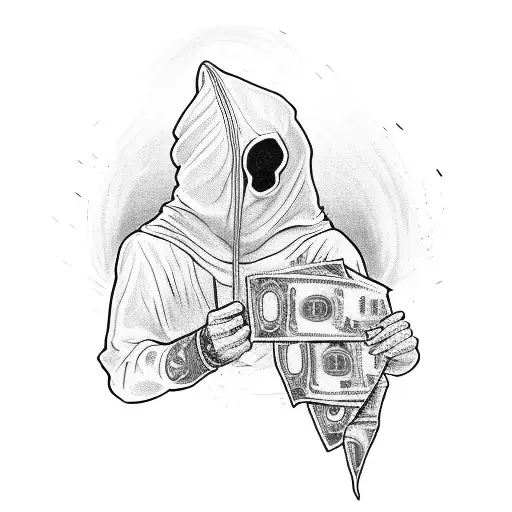 Create A Hooded Figure Holding A Stack Of Money With Gun Motifs Integrated Into The Design