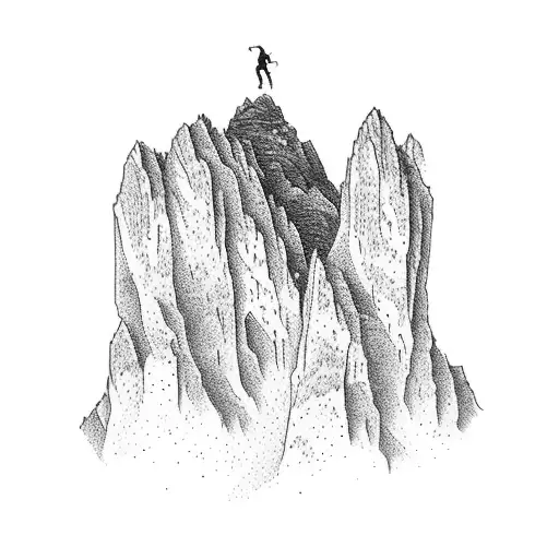 A Tattoo Design Featuring A Rock Climber Scaling A Mountain Peak With Intricate Dotwork Details