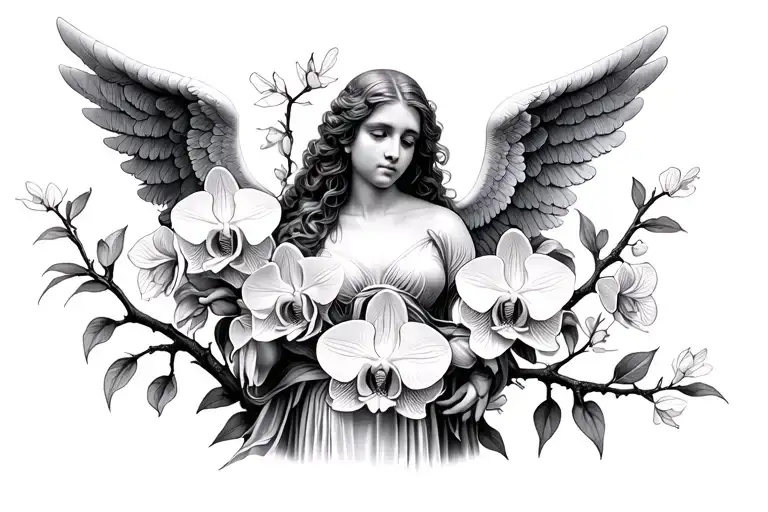 A Branch Of Orchids Surrounding A Fememnino Angel