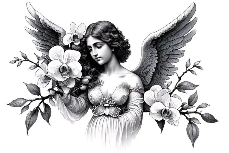 A Branch Of Orchids Surrounding A Fememnino Angel