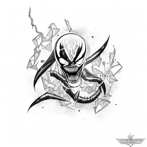 A Tattoo Of Venom Playing The Guitar With Lightning Bolts And Shattered Glass In The Background