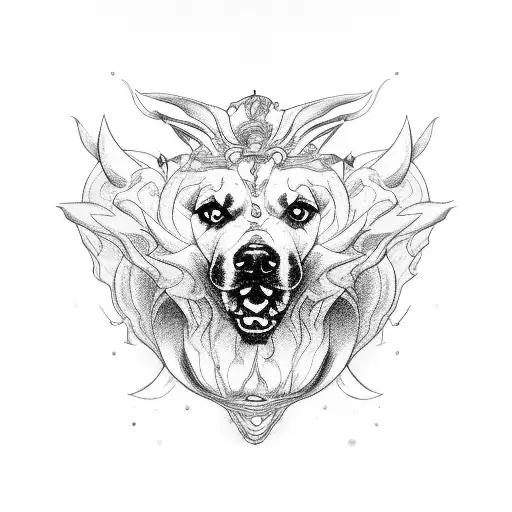 Mythical Dog Cerberus With The Left Head Up And Other Two Heads Down