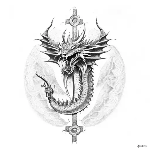 Green And Gold Dragon Holding A Cross