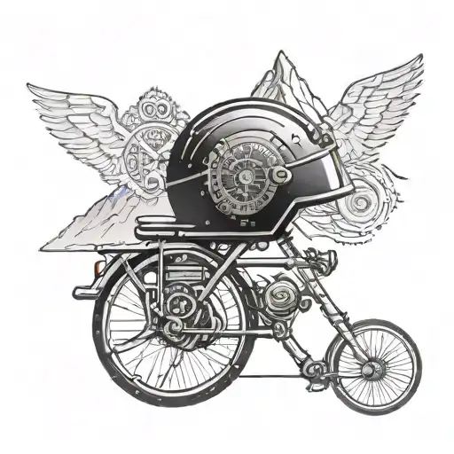 A Detailed Tattoo Of A Rennrad Bike Surrounded By Mountain Scenery And A Fireman's Helmet