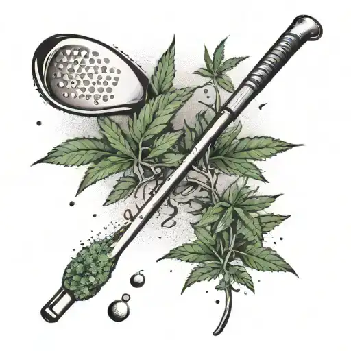 A Dotwork Tattoo Of A Golf Club Morphing Into A Tree With Cannabis Leaves Growing From Its Branches