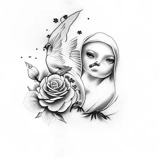 The Virgin Mary Two Roses Two Doves And A Cross