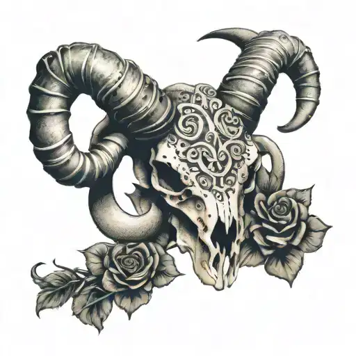 Ram Skull With Chain And Roses Intertwined
