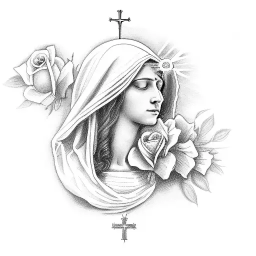The Virgin Mary On Top Of Two Roses And A Dove On Both Sides And A Cross