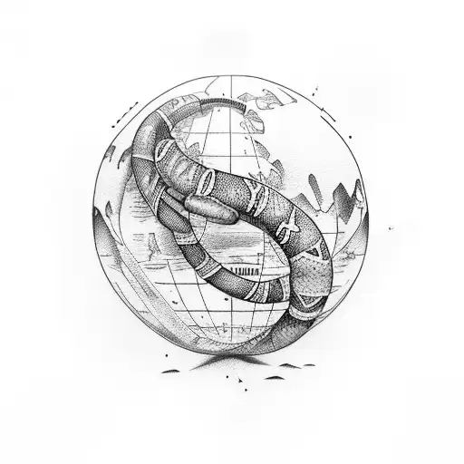 An Anaconda Wrapped Around A Globe With Different Landmarks As Tattoos On Its Body