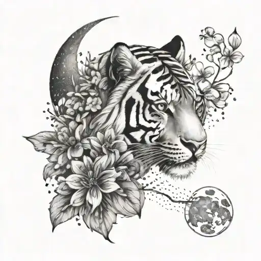 Tiger With Flowers And Moon
