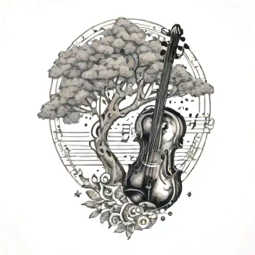 Music Notes Shaped As An Aeroplane Flowing From A Violin With African Thorn Tree