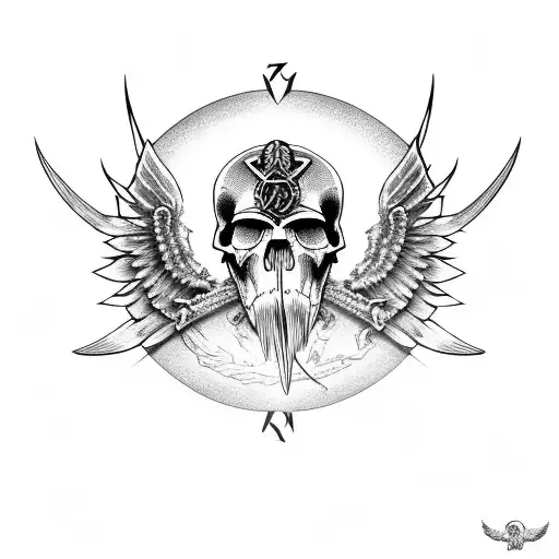 Raven Skull Head With Open Wings And Vikings Symbols