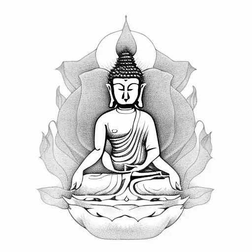 Female Budha Sitting In A Lotus Surrounded By A Big Foo Dog Looking At A Dragon