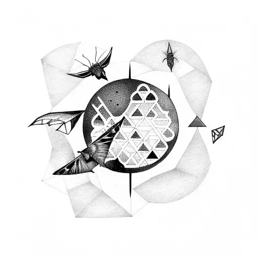 Grunge-inspired Geometric Moon With Bat And Moth Silhouettes