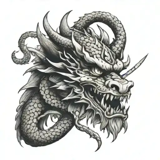 Chinese Dragon Head With Samurai Sword Impaled