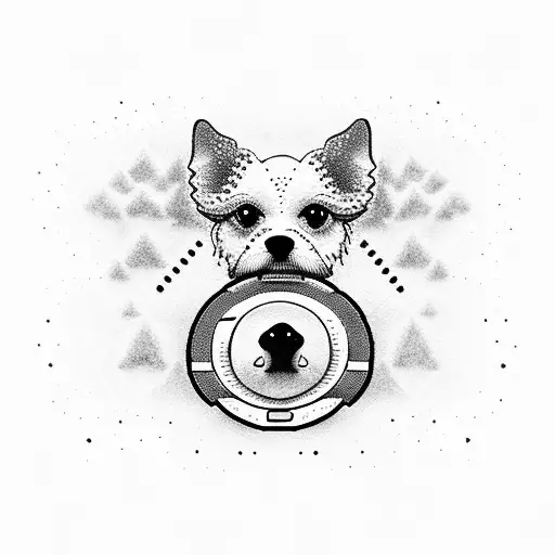 A Dotwork Design Of A Dog Surrounded By Iconic Gaming Characters